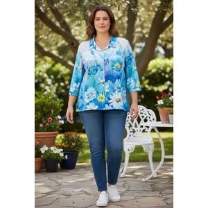 Ali Miles Womens 3X Blue Butterfly Floral Button Up Top NWT Tunic